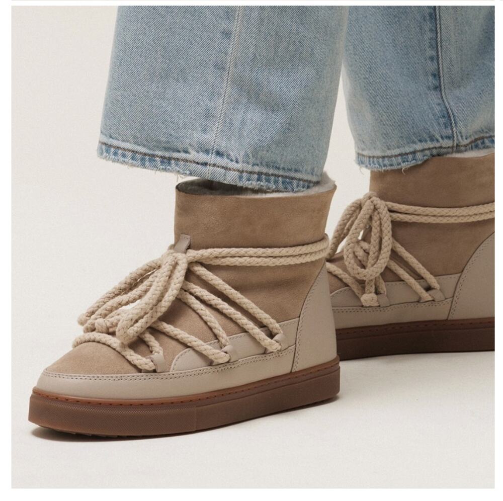 Inuikii Classic Ankle Boots Lace Up Winter Shearling Leather Taupe size 39/8.5